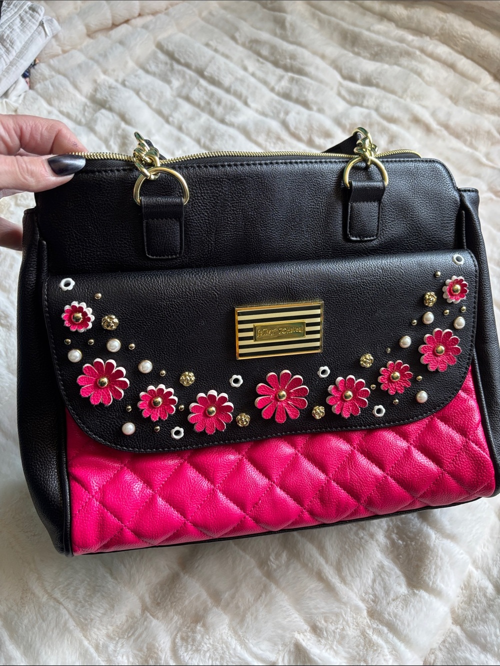 Betsey Johnson Black & Hot Pink Floral Appliqué Satchel